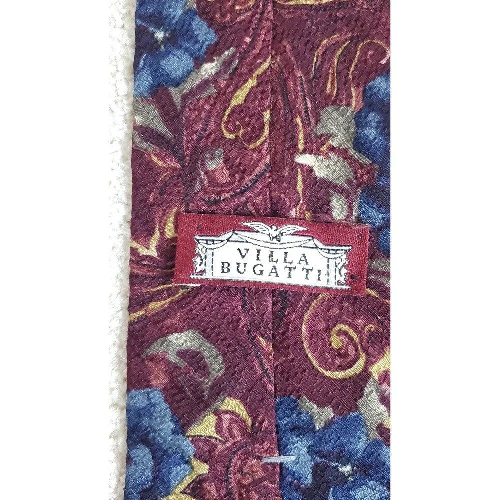 Villa Bugatti Men's Neck Tie Burgundy With Blue Flowers 100% Silk 58.5